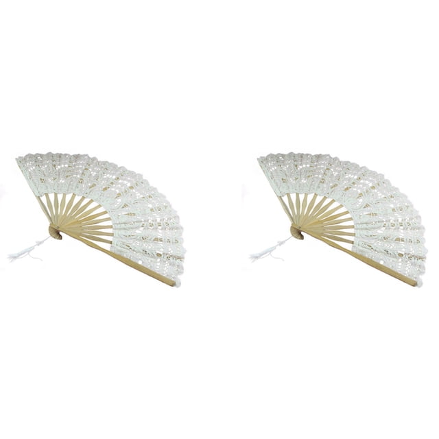 2X Abanico Hecho A Mano de Algodon de Encaje Plegable para Decorar la Boda la Fiesta (Beige)