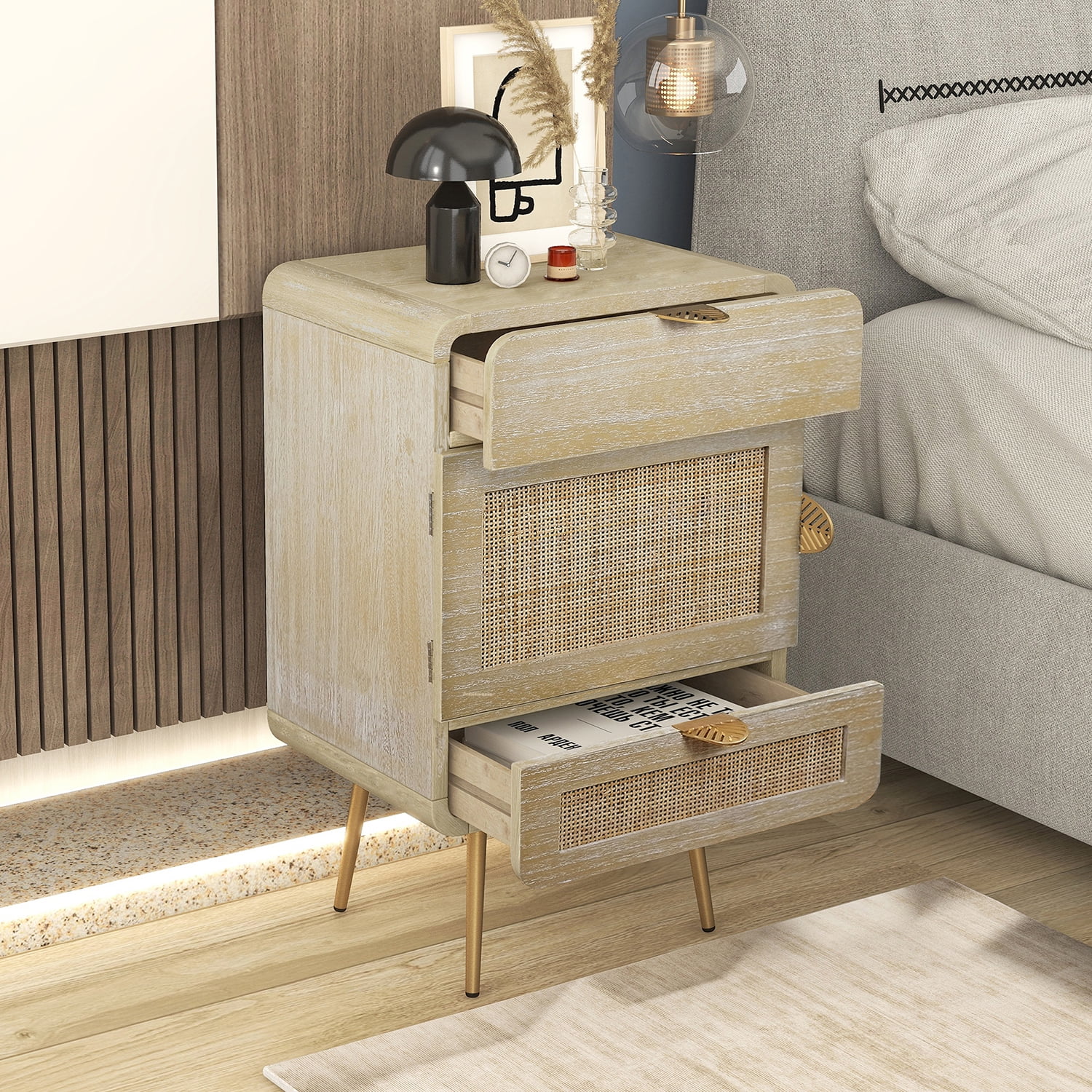 Kepooman Wooden Nightstand with One Cabinet and Metal Feet, Natural Rattan 2 Drawer Nightstand, Natural Kepooman Wooden Nightstand with One Cabinet and Metal Feet, Natural Rattan 2 Drawer Nightstand, Natural