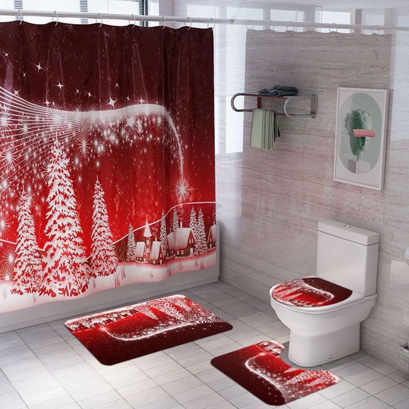  4Pcs Christmas Elk Grinch Shower Curtain Set with Non