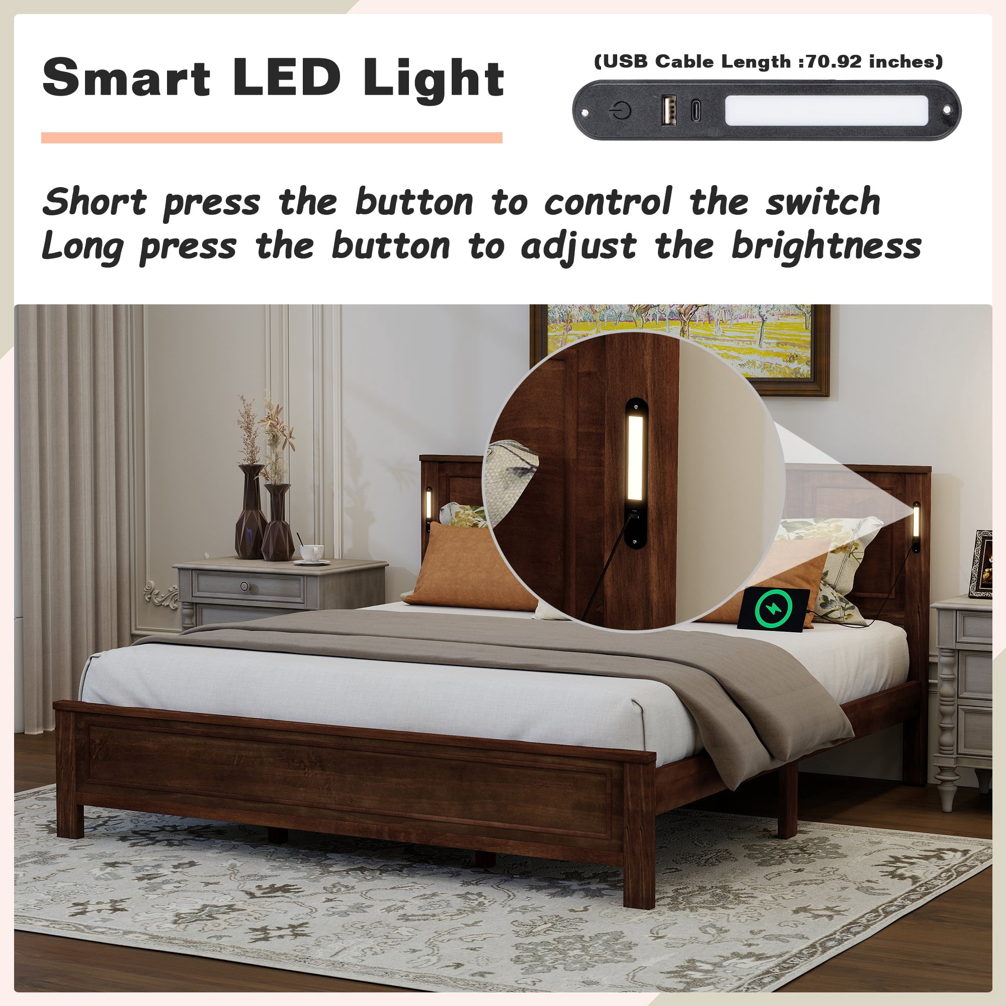 Sailvan Bed with 2 Storage Drawers, LED Lights, USB Charging Station