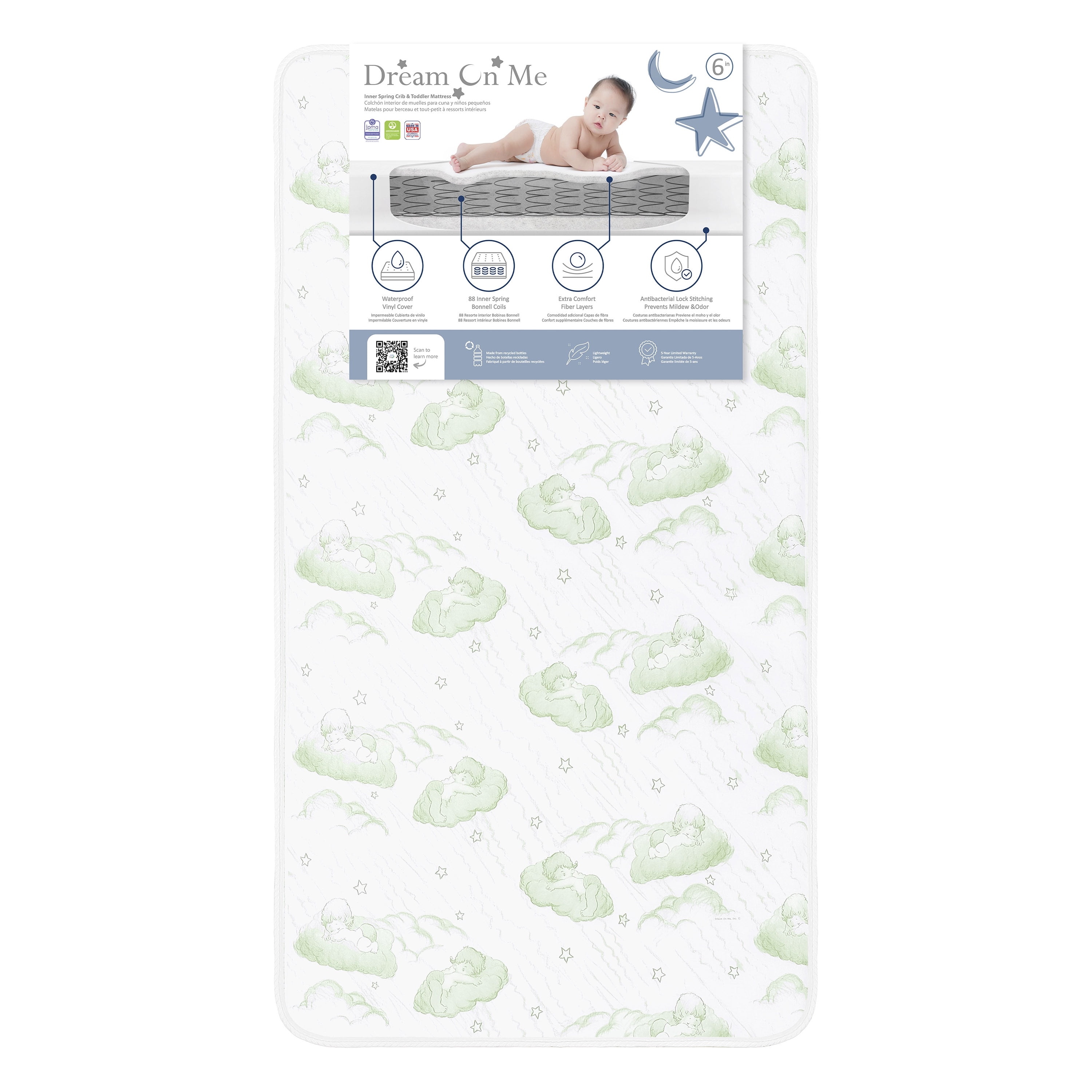 Dream On Me Superior Slumber 6” 112-Coil Inner Spring Crib & Toddler Mattress | Waterproof Vinyl Cover | Greenguard Gold Certified |10-Year Manufacturer Warranty | Green Cloud