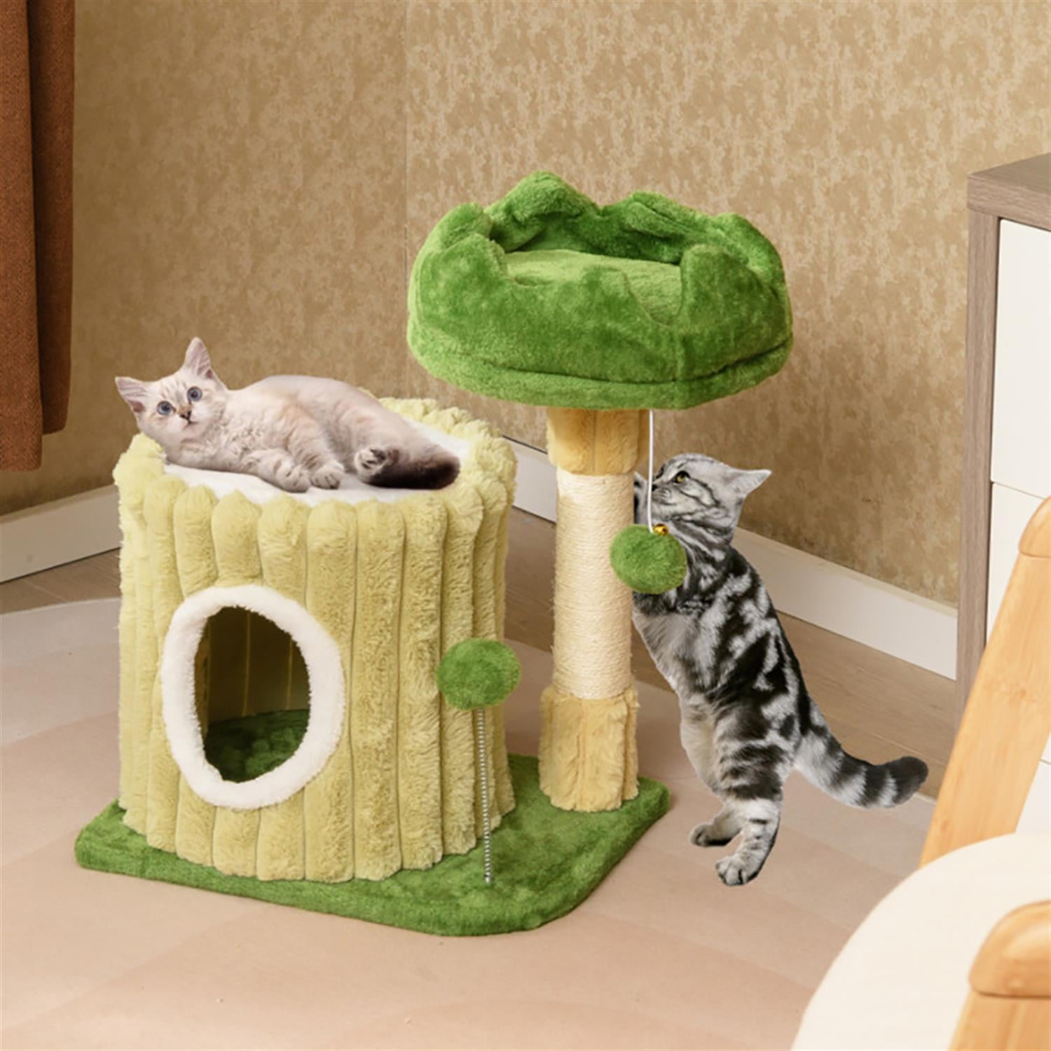 Kadyn 21" Cat Tree with Toy, Cat Tower Condo for Indoor Cats with Condos, Cozy Top Perch and Sisal Scratching Posts, Green