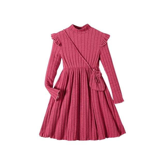 Odeerbi Niñas Ruffle Vestidos de Punto de Costilla Con La Bolsa de Hombro Conjunto de Niños de Color Sólido de Manga Larga A-Line Vestido