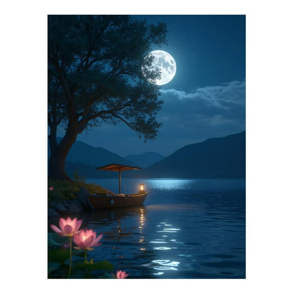 Diamond Art Kit for Adults, Boat Under Moonlit Sky Lake Diamond Painting for Adults Beginners, DIY Diamond Art Painting Kits, 5D Diamond Painting Crafts for Home Decor 12x16 Frameless