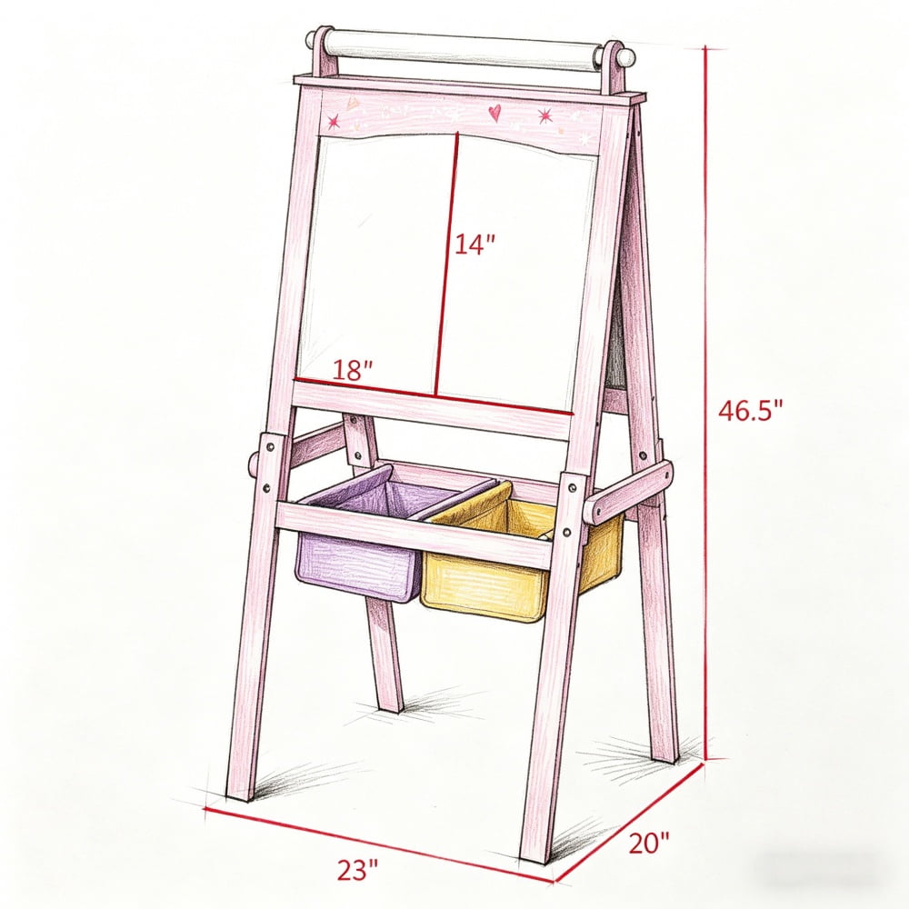 Pink 3-in-1 Kids Easel (Whiteboard + Blackboard + Paper Roll) - MDF A-Shape, with Storage Baskets & Drawing Paper, for 3+ Years Old