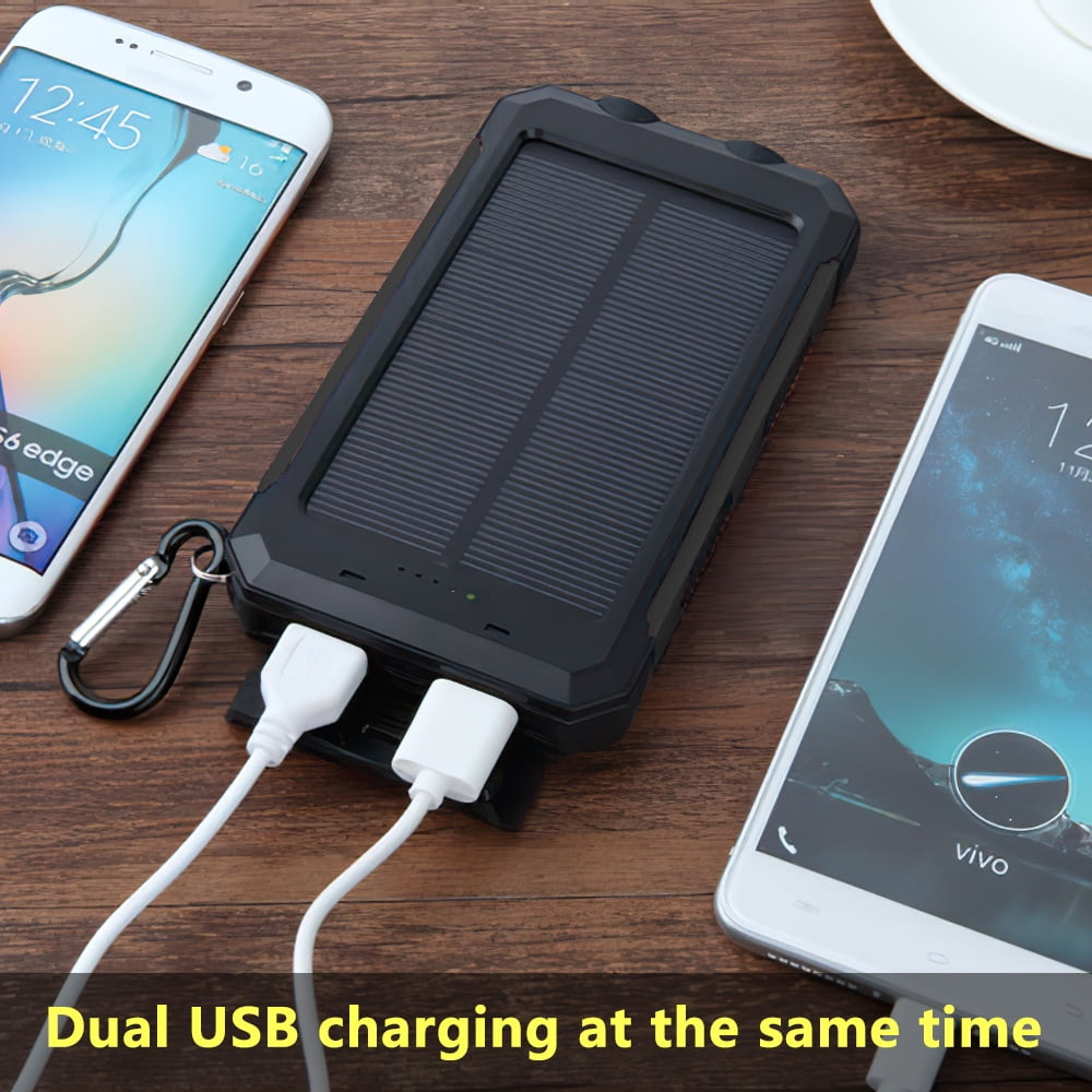 DFITO 10000mAh Solar Power Bank for Cell Phone iPhone, Portable Solar Charger with Dual 5V USB Ports, 2 Led Light Flashlight, Compass Battery Pack for Outdoor Camping Hiking ,Black