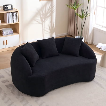 LY-049S Curved Modern Boneless Sofa Loveseat, Backrest Upgrade, 2-Seater Black Chenille Compression Couch with 3 Pillows, Minimalist Modular Couches for Living Room, Office, Apartment, Guest Room