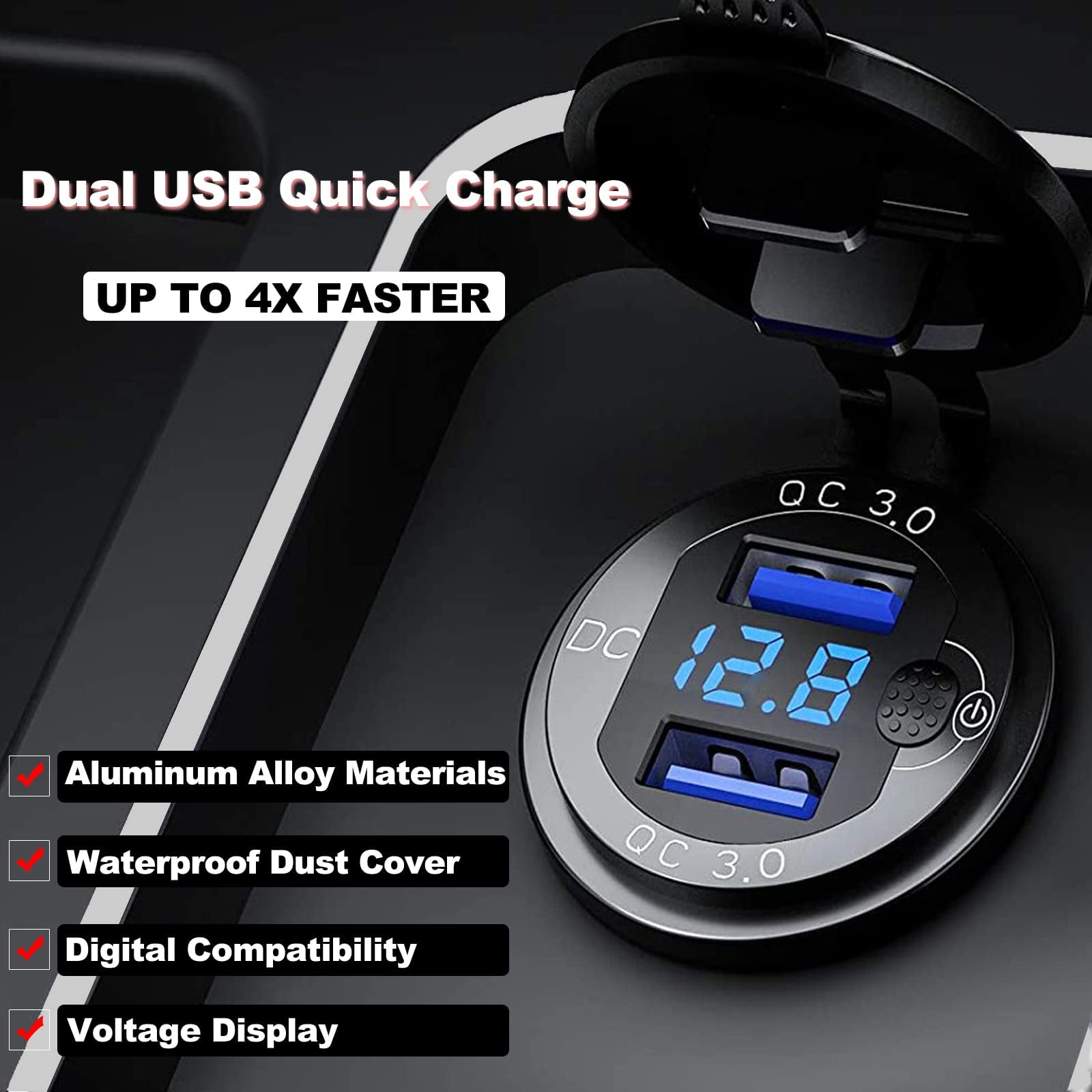 Pack Aluminum 12V USB Outlet with Voltmeter ON Off Switch and Panel, Quick  Charge 3.0 Dual USB Power Outlet Waterproof Fast Charge USB Charger Socket  DIY Kit for Car Marine Boat
