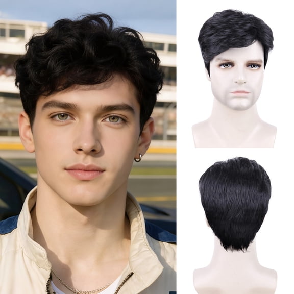 Creamily Mens Wigs Black Short Curly Wig Synthetic Wigs Aviator Wigs with Bangs Wigs for Men 70S 80S Maverick Wig