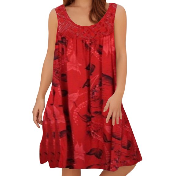 Puliio Summer Dresses for Women Sleeveless Crew Neck Loose Mini Floral Print Casual Beach Vacation Sundress