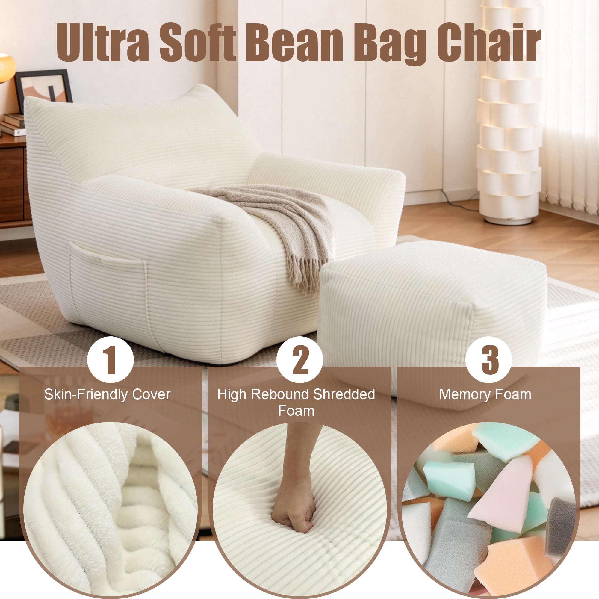 Bean Bag Chair for Adults, Oversized Comfy Beanbag Living Room Lazy Sofa for Bedroom & Dorm