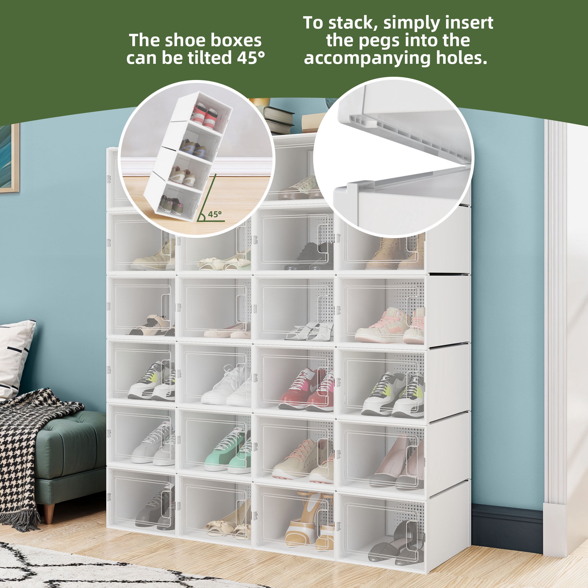 Uforic XL Shoe Storage Box, 18 Pack Stackable Clear Plastic Shoe Organizer Box with Lids,for Entryway Hallway, White