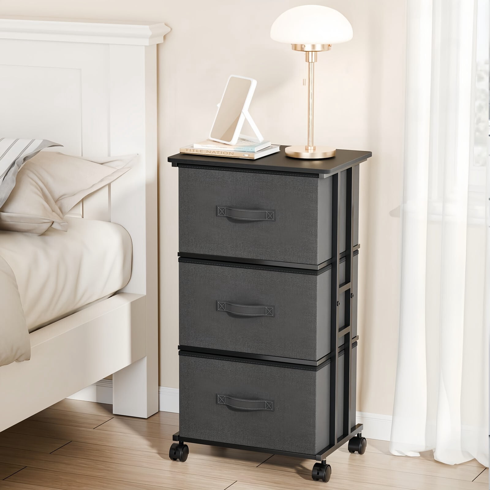 BEAUTYPEAK 3 Drawer Rolling Fabric Dresser Mobile Nightstand Storage Cabinet with Lockable Casters for Bedroom Closet Office, Gray