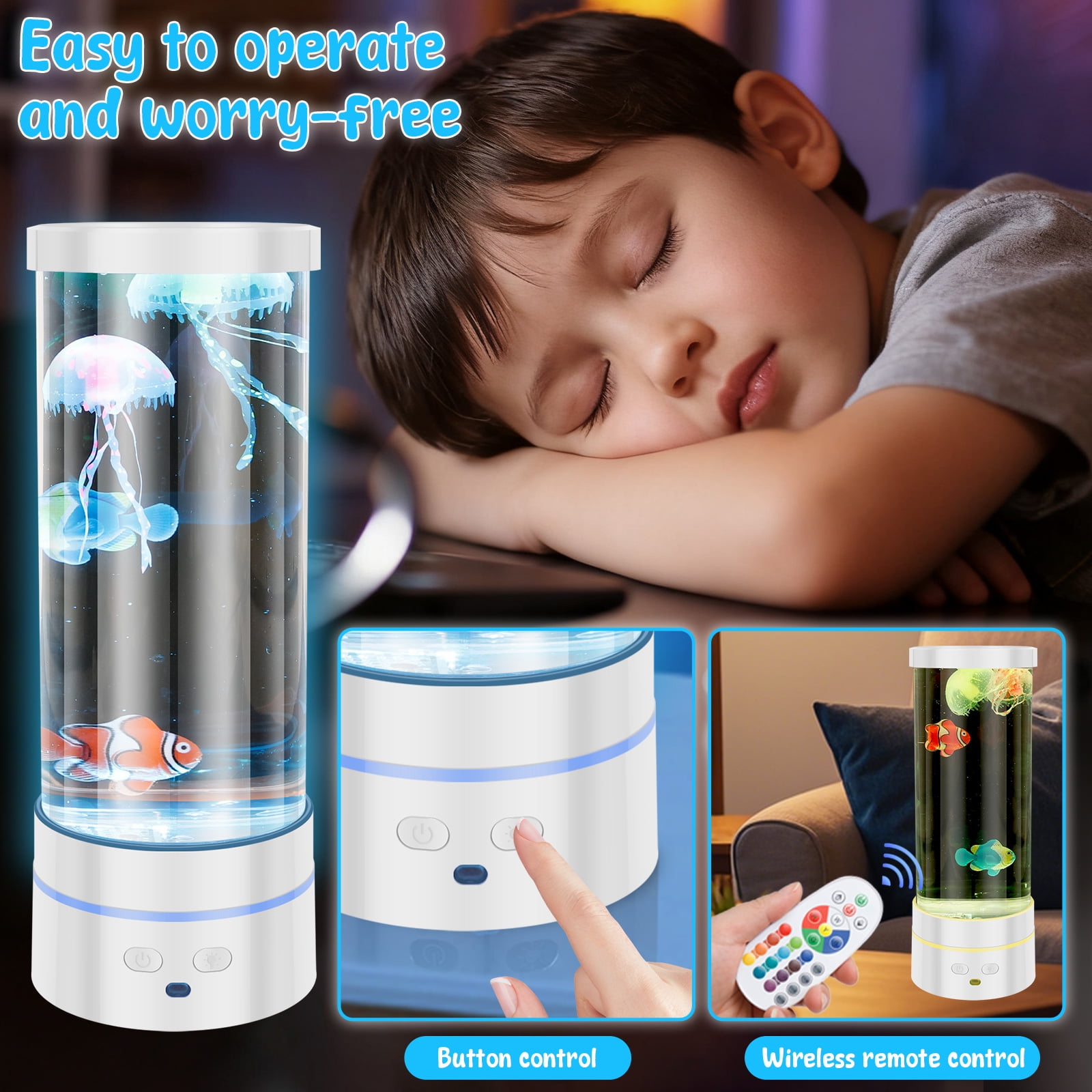 Grusce Jellyfish Lamp, 17 Color Fantasy Aquarium Night Light, Remote Control&USB Powered Artificial Fish Tank Lamp with Moving Fish, Decoration for Living Room and Office