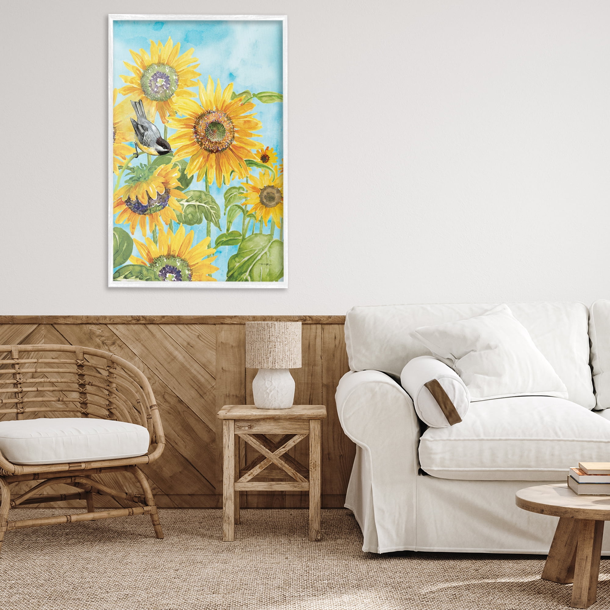 Stupell Industries Sunflower Honey Bird White Framed Giclee Art, design by Tim Coffey