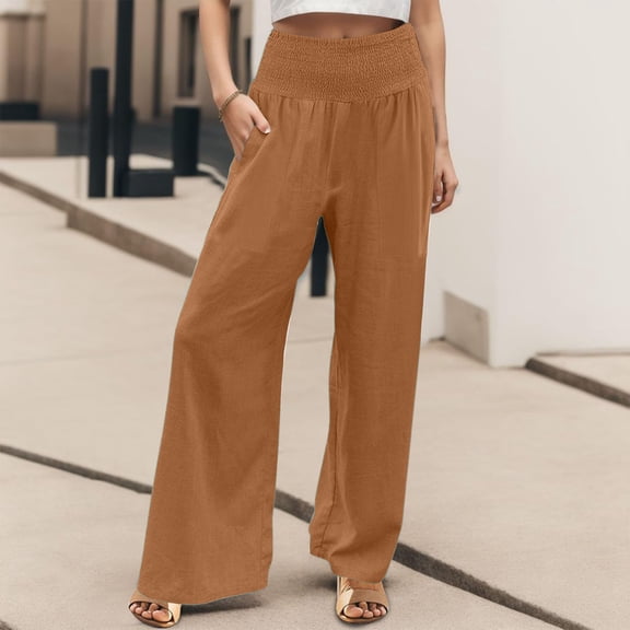 Brown Women's Casual Pants, Linen Pants Women Summer Wide Leg Pants Drawstring Elastic Waist Pants High Waisted Pants Casual Beach Trousers,Women's Casual Pants XXL