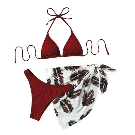 Abomasnow Women s Sexy 3 Piece Hawaiian Printed Bikini Swimwear Summer Holiday Bathing Suits Tie Knot Tie Back Triangle Swimsuit and Skirts Cover Up