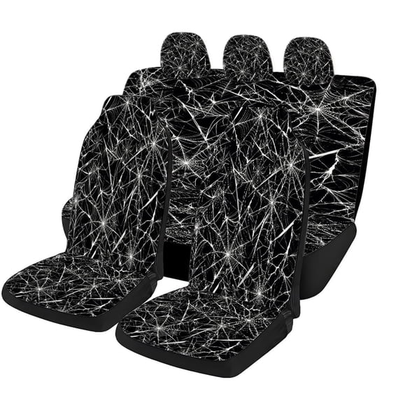 Verolix Spider Web Car Seat Covers 5 Piece Set, Black and White Halloween Mesh Fabric Auto Seat Protectors, Universal Fit Car Interior Covers for Sedan SUV Truck, Gothic Mysterious Style