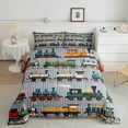 thumbnail image 2 of Train Comforter Set King Size Colorful Steam Engine Train Bedding Sets Cartoon Train Transportation Comforter with 2 Pillow Cases,Gray, Green, Blue, Yellow, White, 2 of 6