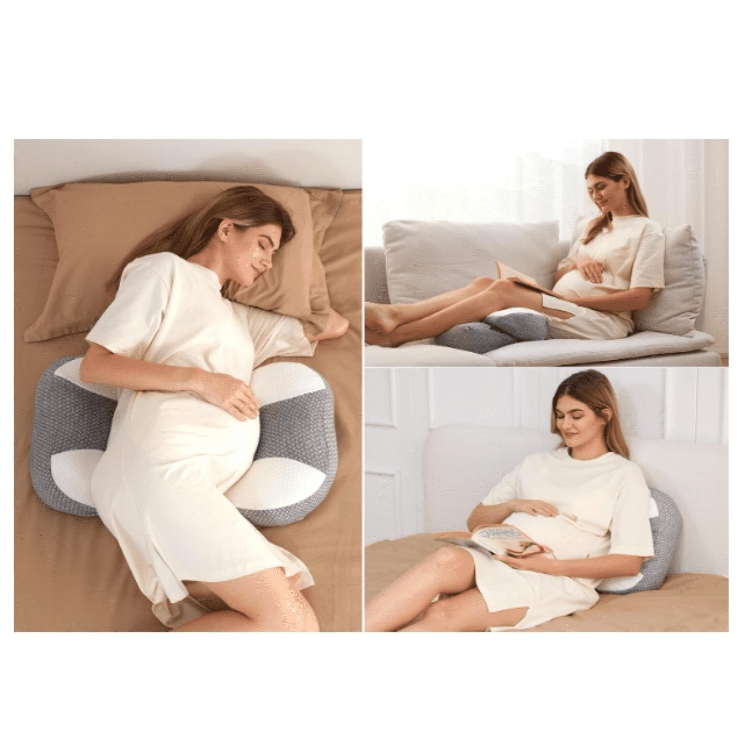 Plus W Shaped Pregnancy Pillow for Sleeping, Adjustable Maternity Pillow for Side Sleepers, Portable Wedge Belly Support, Compact Design for Back Belly and HIPS, Grey and White