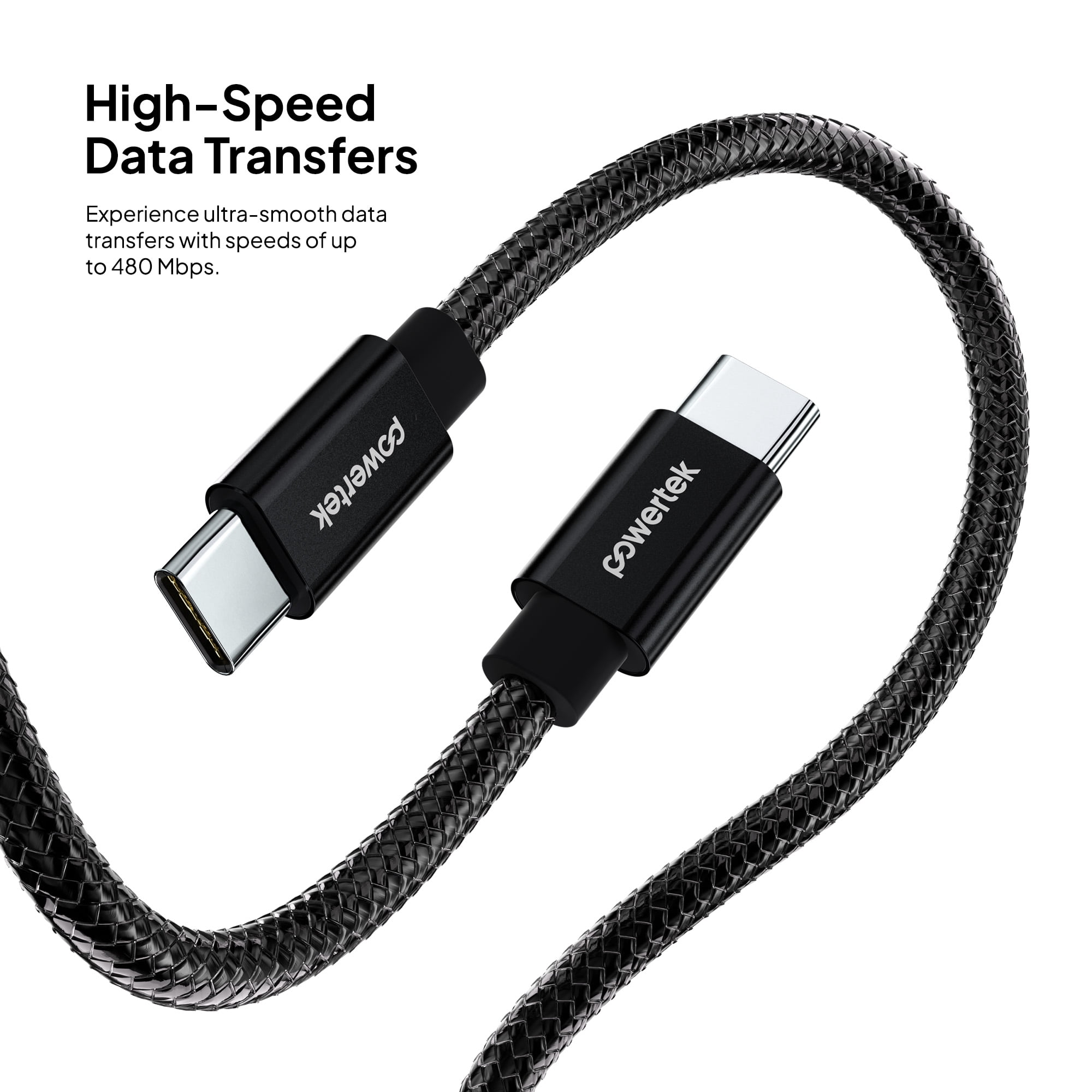 Powertek Luxe 6ft USB-C to USB-C Cable, Black, Fast Charge & Sync, Metallic Mesh PVC Jacket, Durable Tangle-Free Design