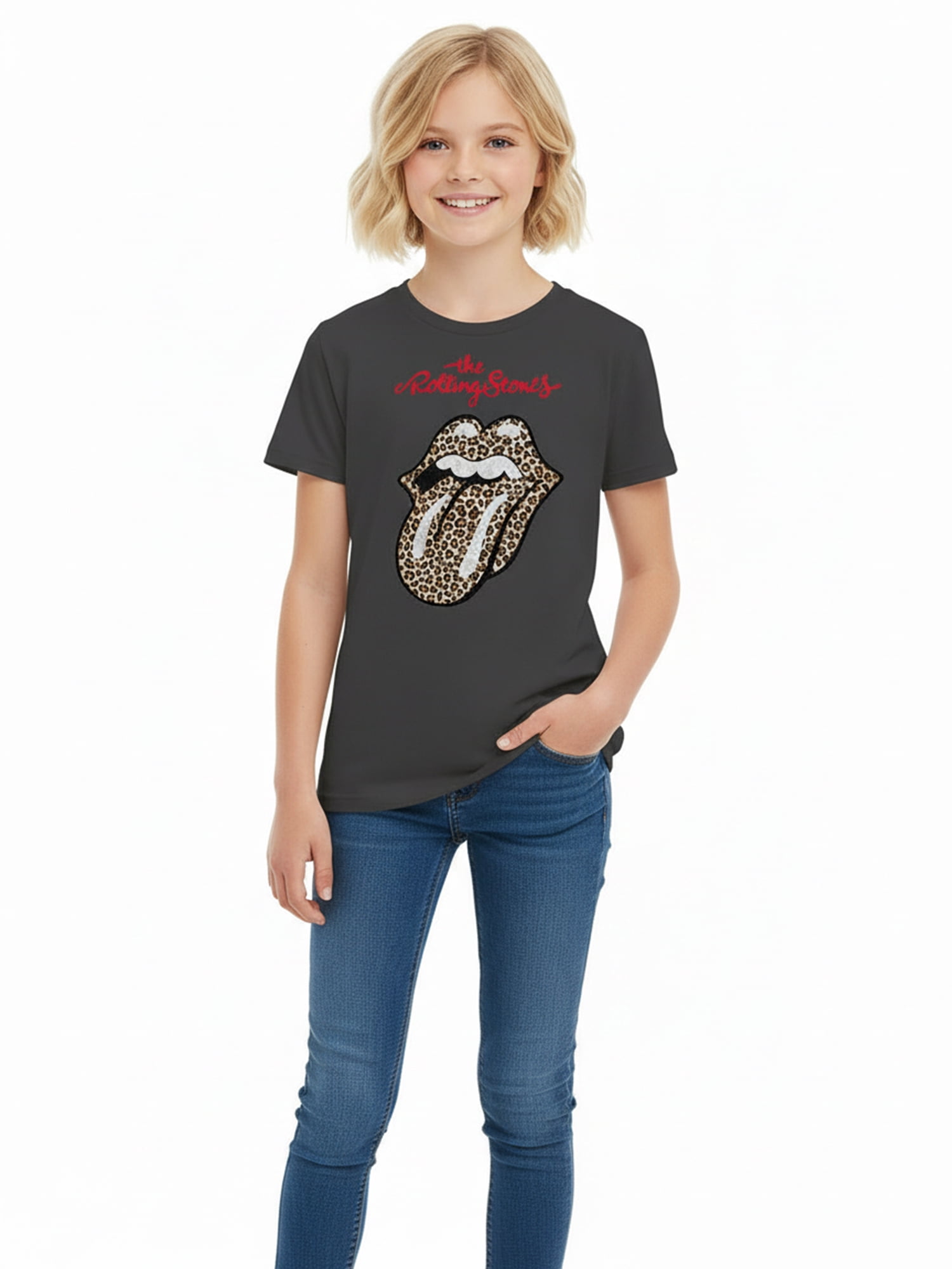 Wonder Nation Girls Rolling Stones Animal Print Graphic Tee with Short Sleeves, Sizes 4-18