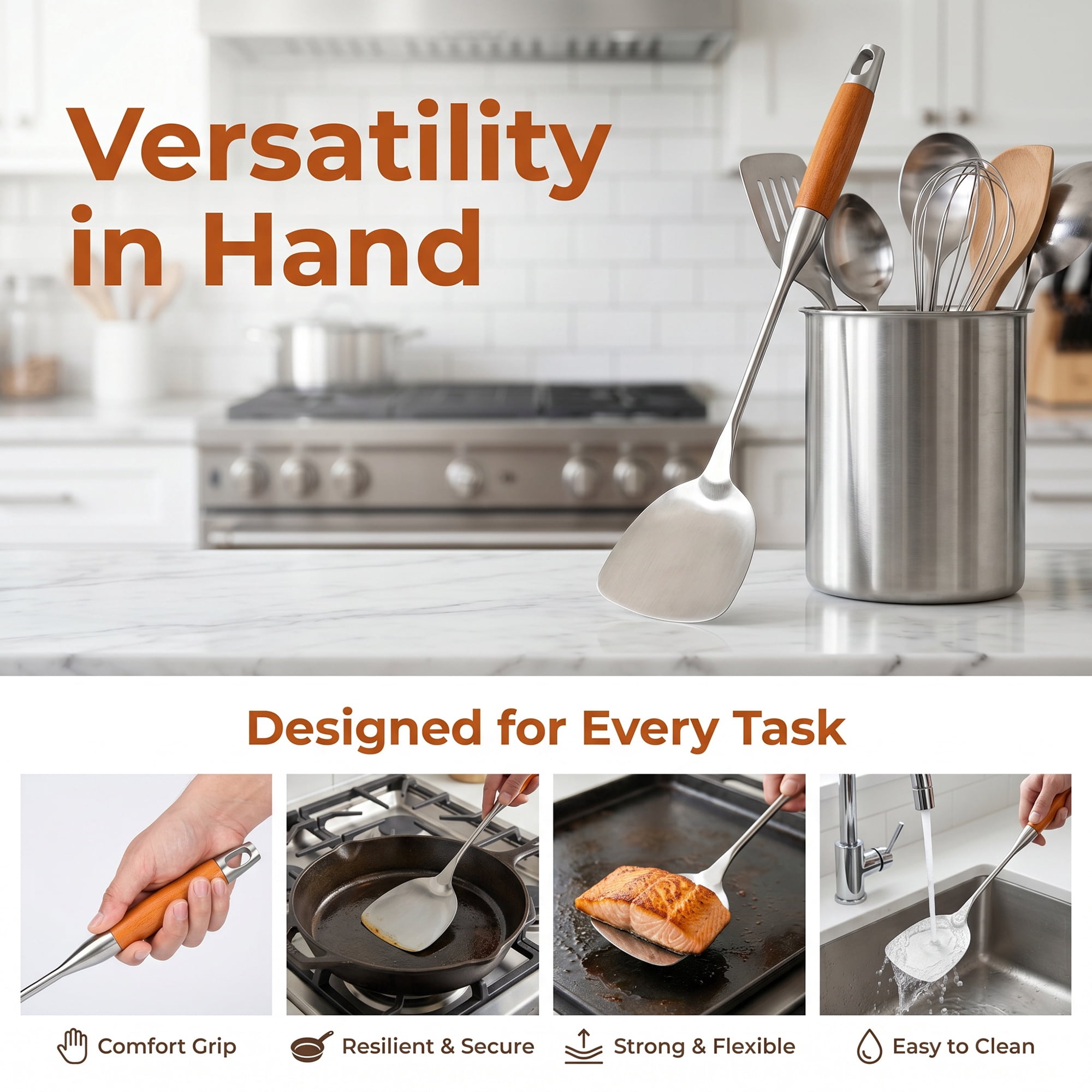 Unique Bargains Essential Stainless Steel Cooking Utensil Set for Cooking Brown A 3pcs
