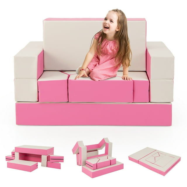 Costway Children Modular 6-Piece Combination Sofa Set with PU Leather Cover for Playroom Pink
