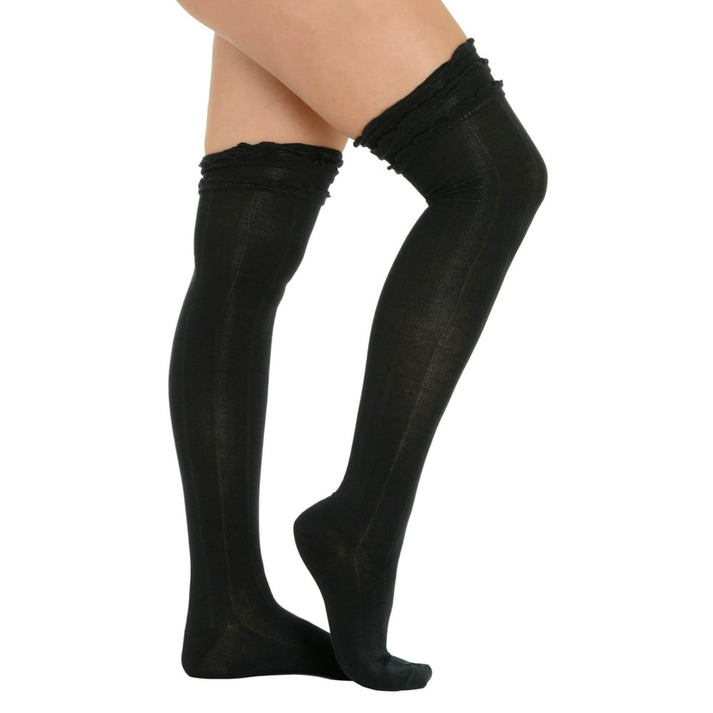 K. Bell Socks Over the Knee Black Ruffle Socks Fine Ribbing Womens