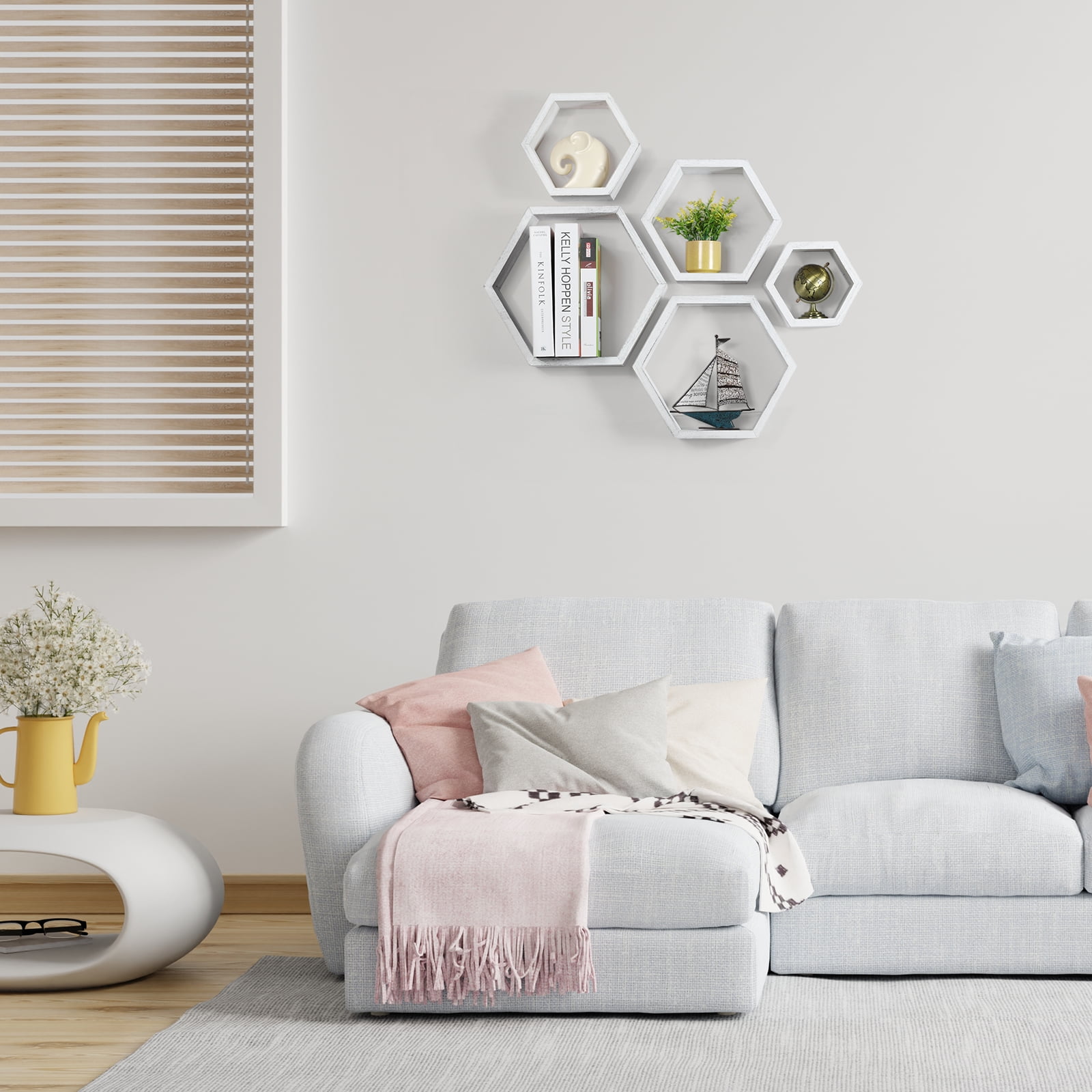 Hexagon Floating Shelves 5 Different Sizes Honeycomb Shelves for Wall, White