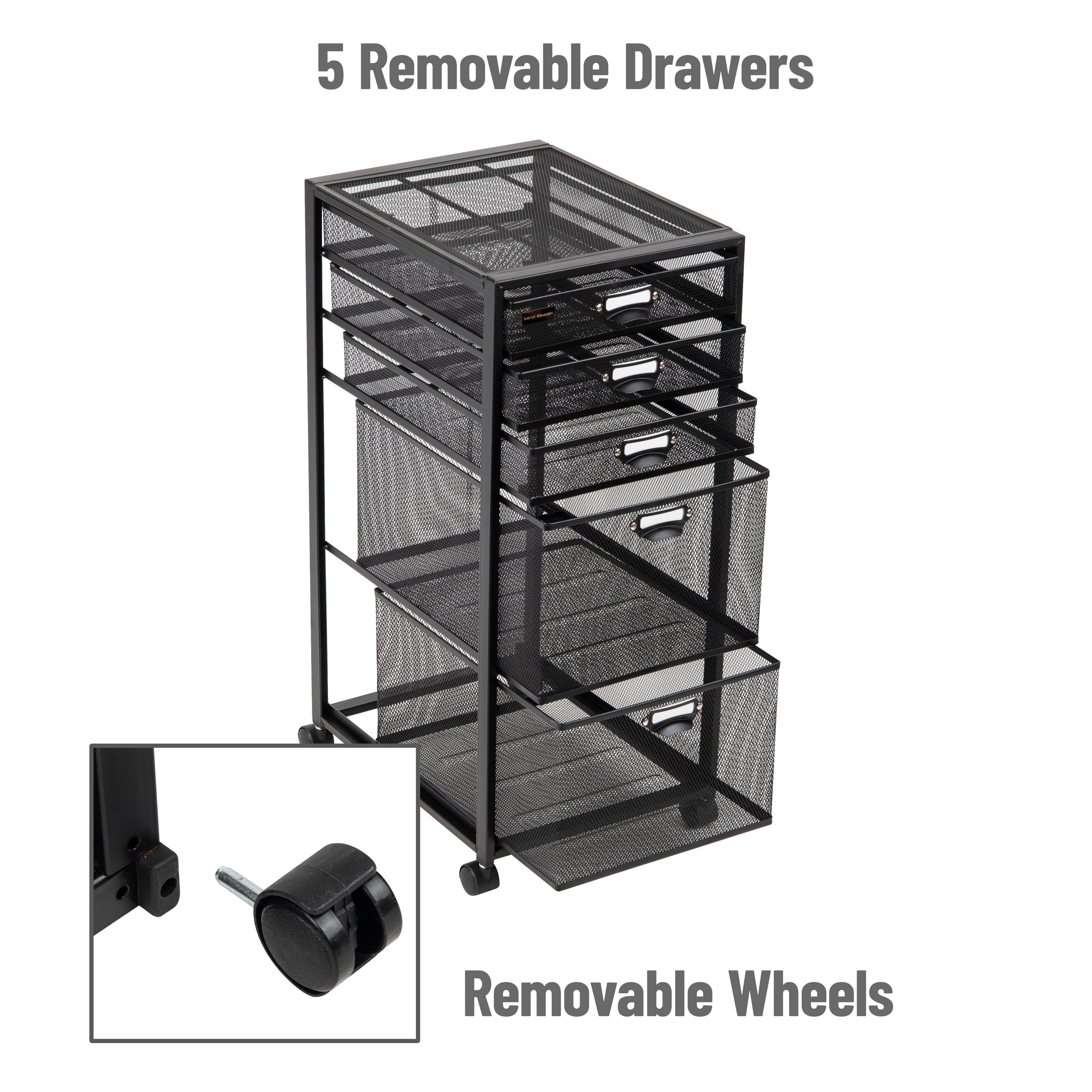 Mind Reader Vertical Office Storage Organizer with Mesh Drawers Label Holders and Optional Wheels, Metal Mesh, Black