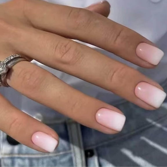 Bling Coffin Press on Nails Short Square Acrylic Fake Nails with Apricot Design Full Cover False Nails Glossy Gradient Artificial Stick on Nails for Women 24Pcs (Gradient Nude White) Apricot Beige