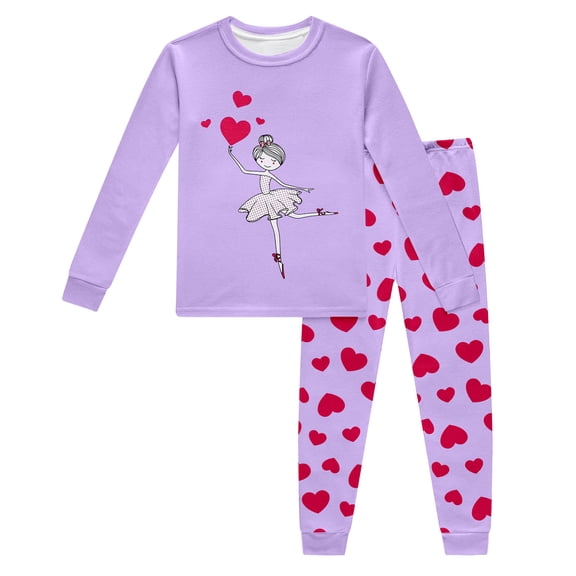 Tisuna Kids Girls Fall Pajamas Set Fashion Long Sleeve Crew Neck Heart Print Tops And Pants Sleepwear Children'S 2 Pieces Housewear Matching Set Size 3-4 Years