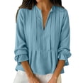thumbnail image 2 of Endives Womens Cotton Linen Shirt Long Sleeve Shirt Button Down Shirts V Neck Pleated Casual Loose Blouses Roll Up Sleeve Shirt, 2 of 4