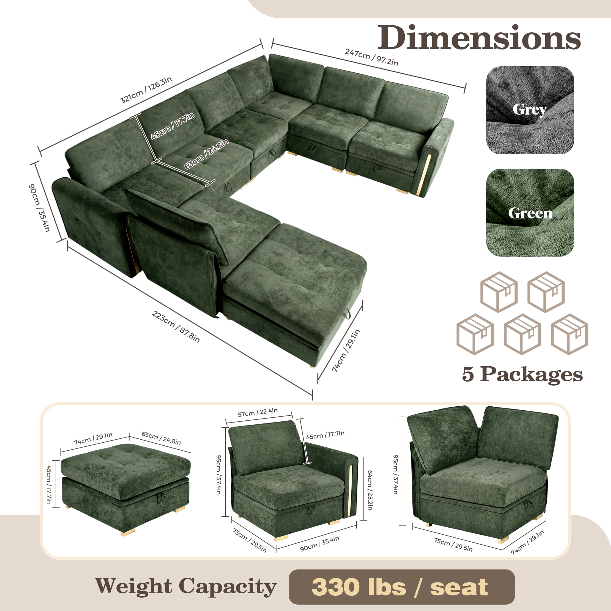 Advwin 126" U-Shaped Oversized Modular Sectional Sofa with Ottoman, Storage Under Each Seat & Gold Metal Accents, 7-Seater Modern Luxury Chenille Convertible Cloud Couch for Living Room, Dark Green