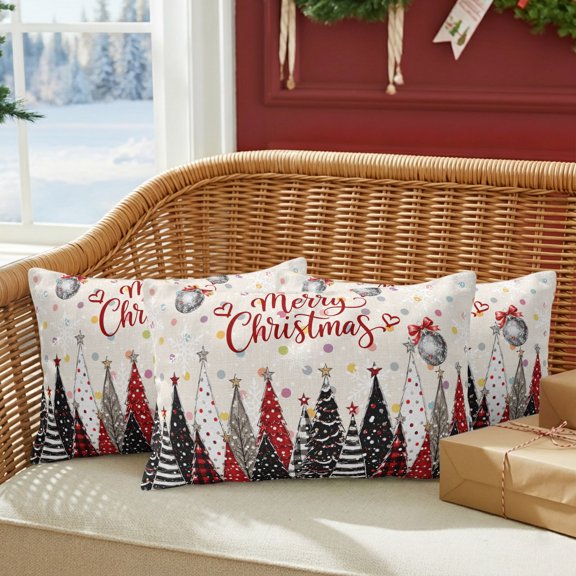 Merry Christmas Outdoor Waterproof Throw Pillow Covers Set of 2, 20"x12", Vintage Black Red White Christmas Trees Polka Dot Decorative Pillow Covers Outside Cushion Case for Patio Porch Garden