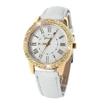 DESIGNICE Bling Gold Women Leather Strap Quartz Wrist Watch White