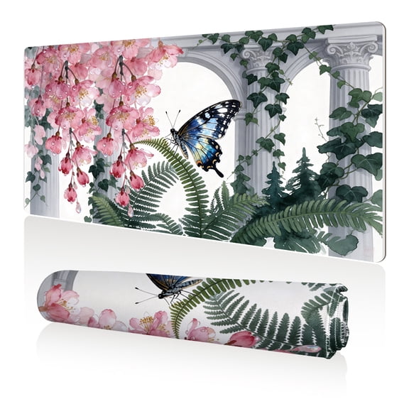 LIVEKEY XXL Mouse Pad Pink Blossom Butterfly Arch 80x40cm Non Slip Durable Easy Clean Stitched Edges Full Desk Coverage for Gaming Office Use