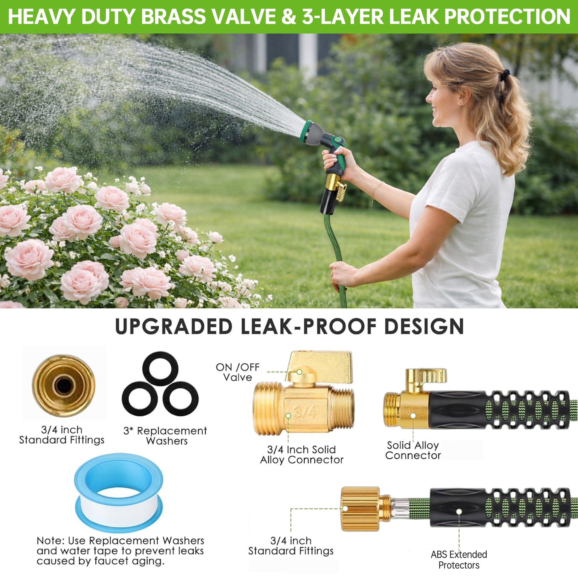 50FT Flexible Garden Hose Fixed Length, Anti-Kink Freeze UV Resistant Water Hose Non Expandable, 3/4 Inch Brass Fittings, 10 Spray Nozzle Storage Rope for Lawn Car Wash All Season Outdoor Daily Use