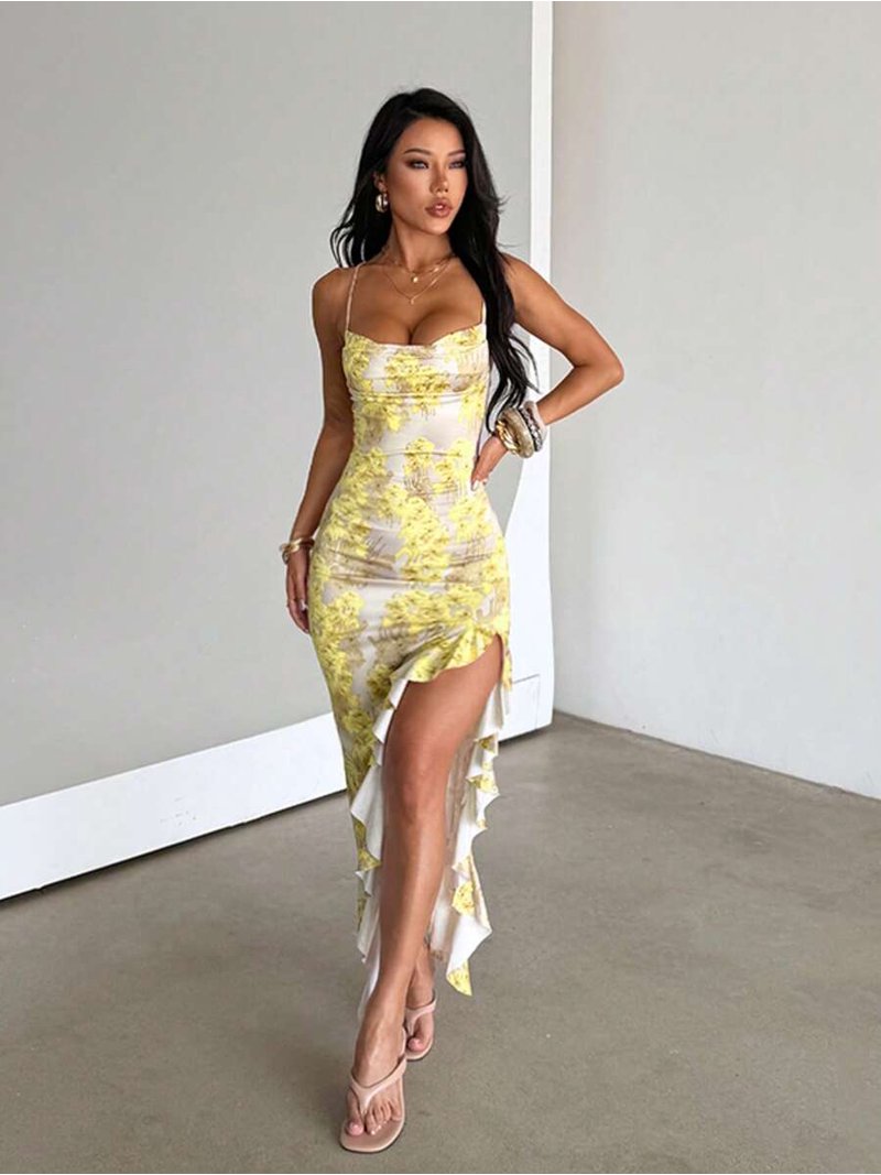 yellow knit dress with flowers Women Floral Print Knitted Ruffle Trim and High Side Slit, Elegant Casual Long Dress, Fashion Outfit Suitable For Summer Vacation Sightseeing, Leisure Outings SID-G15651