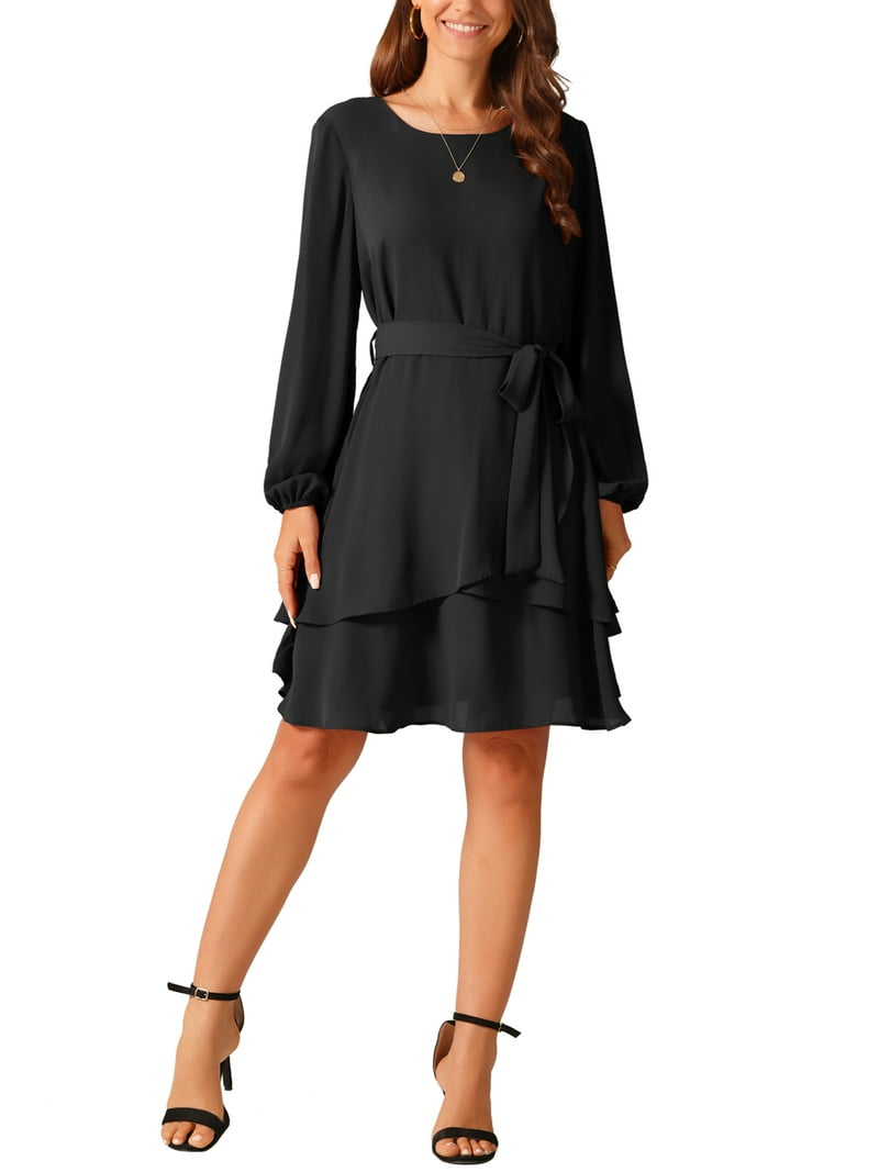 Inspire Chic Women's Fall Dresses Round Neck Long Sleeve Waist Tie Ruffle Mini Swing Skater Dress L Black