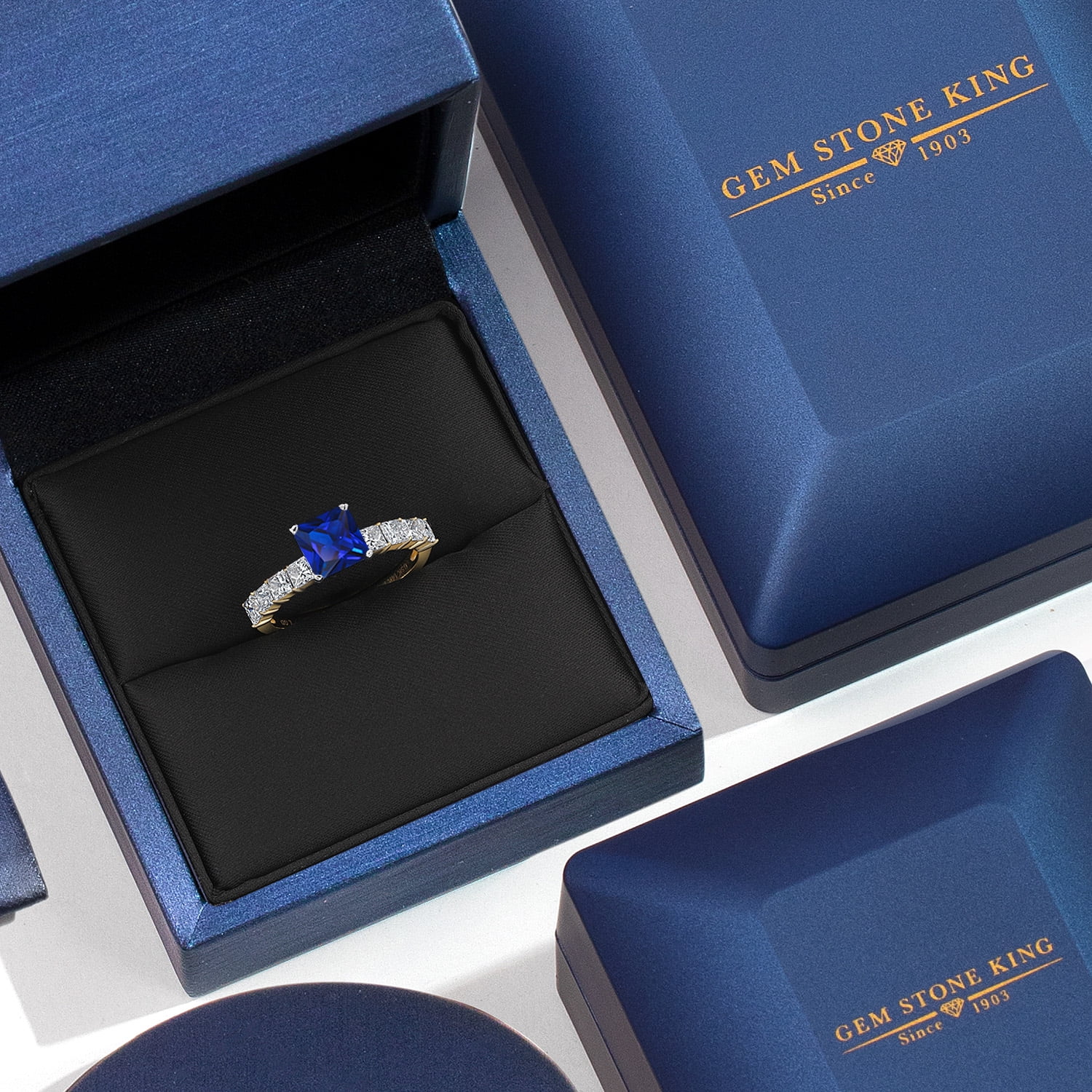 Gem Stone King 14K White And Yellow Gold Blue Created Sapphire and Lab Grown Diamond Engagement Ring for Women | 2.36 Cttw | Princess 6MM | Gemstone September Birthstone | Size 9