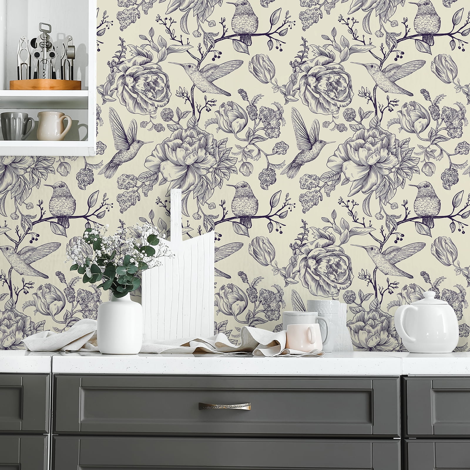 CHIHUT Floral Peel and Stick Contact Paper for Countertops Waterproof 17.7”x236”Self Adhesive Birds Wallpaper for Bedroom Removable Purple Peony Floral Leaf Wall Paper Vinyl Roll for Bathroom Walls
