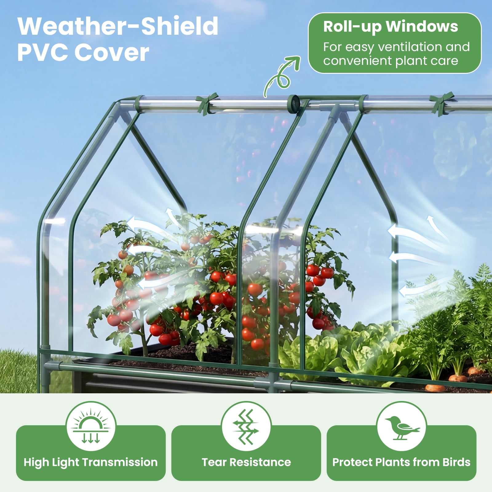 Gymax 4 x 2 x 3 FT Small Galvanized Raised Garden Bed w/Greenhouse Cover Windows Black & Transparent