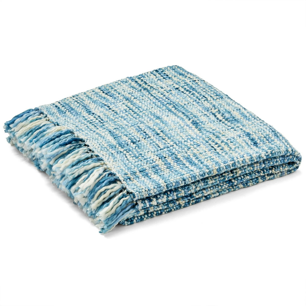 Americanflat Knitted Throw Blanket in Light Blue with Decorative Fringe 100 Acrylic 50" x 60