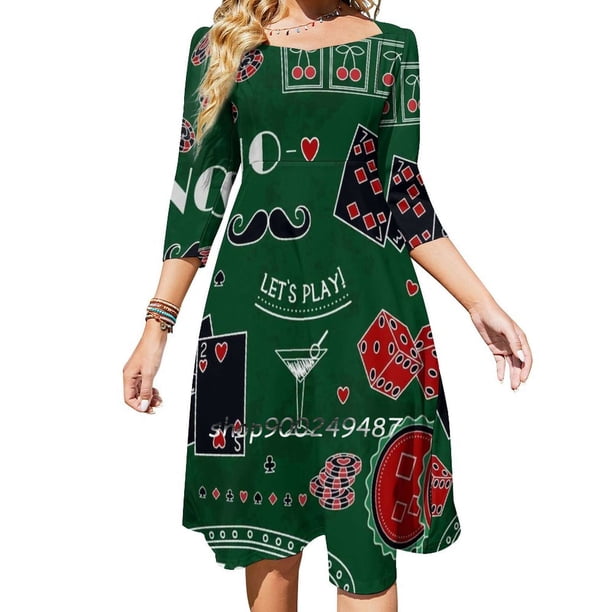 Temática de casino. Símbolos de juego. Vestidos de fiesta de noche. Vestido midi sexy para mujer. Vestido de una pieza dulce. Banner de fondo coreano.
