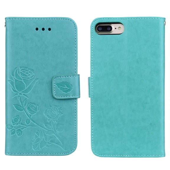 iPhone 8 Plus/ iPhone 7 Plus 5.5-inch Phone Case, Allytech [Embossed Rose Series] Folding Folio Flip Case with Kickstand Card Holders Magnetic Closure Full Body Protection Cover Shell, Green