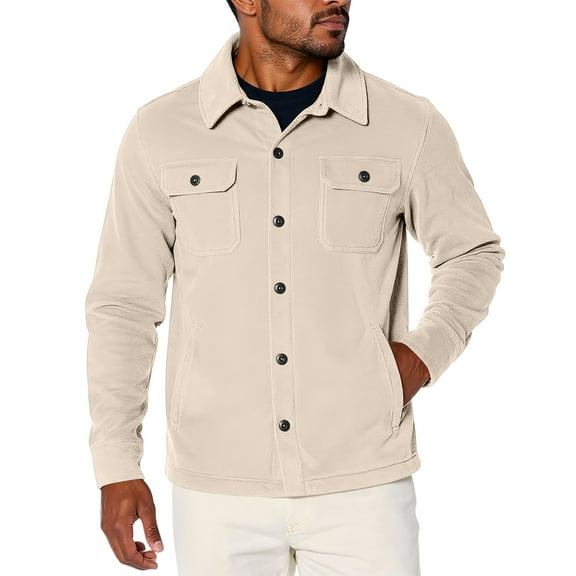 CharmCyan Men Button Down Shirt Jacket Long Sleeve Casual Lightweight Outerwear with Pockets Classic Fit Comfortable Design Beige L