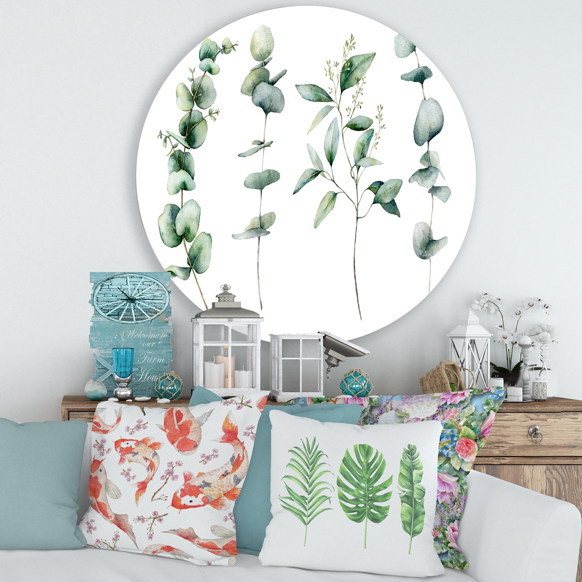 Designart 'Green Eucalyptus Plant Branches I' Traditional Circle Metal Wall Art 29x29 - Disc of 29