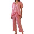 thumbnail image 1 of Gupgi Women Plaid Pajamas Set 2 Piece Sleepwear Lounge Short Sleeve Ruffle Button Down Shirt Drawstring Pants, 1 of 7